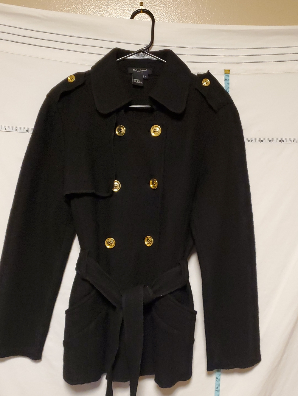 Sandro Wool Black Double Breasted Pea Coat Gold Buttons Lg Luxury Preppy